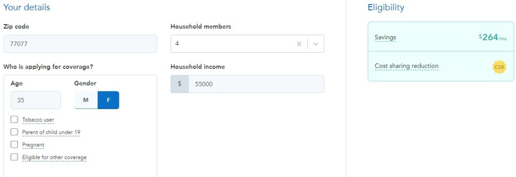 Texas Health Insurance Quote - 35 yr Old Female 3 kids 55K